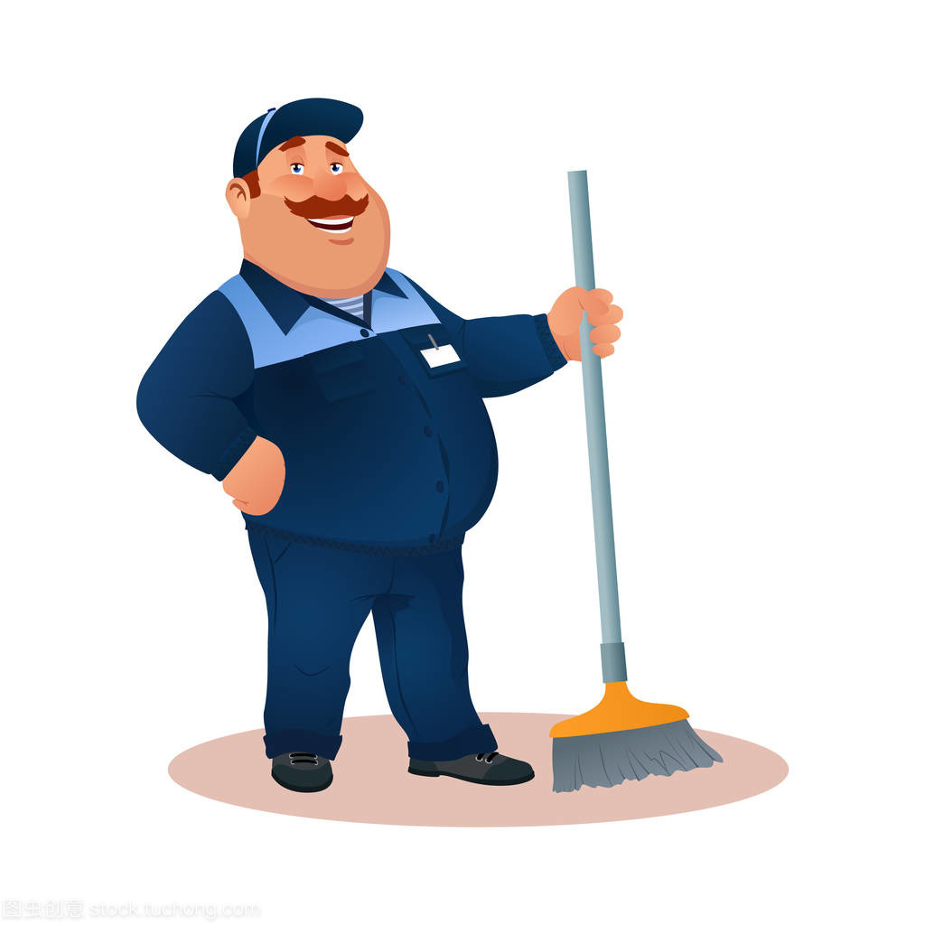 微笑的卡通看门人与拖把。在蓝色西装与扫帚滑稽的脂肪字符。从保洁服务或办公室清洁, 在制服的快乐平清洁工。彩色矢量插图