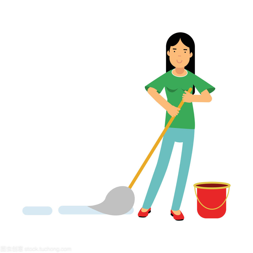 年轻漂亮的黑发女人家庭主妇清洗地板着拖把和一桶水,回家清洗和作业矢量图